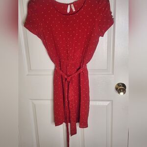 I Love H81 L Red PolkaDots Elastic Waist Belt 100% SILK Shrtslv Women Mini Dress